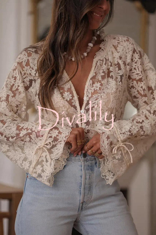 Fashion Hollow Lace Casual Long-sleeved Shirt