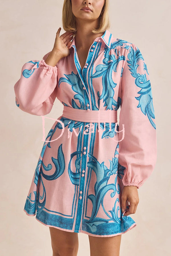 Botanical Print Lapel Puff Sleeve Vintage Belt Loose Mini Dress