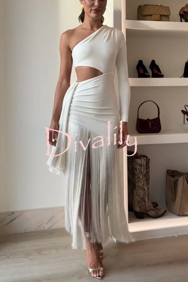 Amazing Type One Shoulder Cutout Drape Tassle Trim Stretch Maxi Dress
