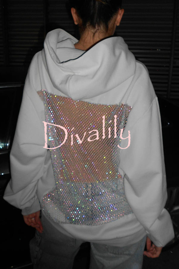 Fashionable Shiny Mesh Hollow Back Loose Long-sleeved Hooded Sweatshirt