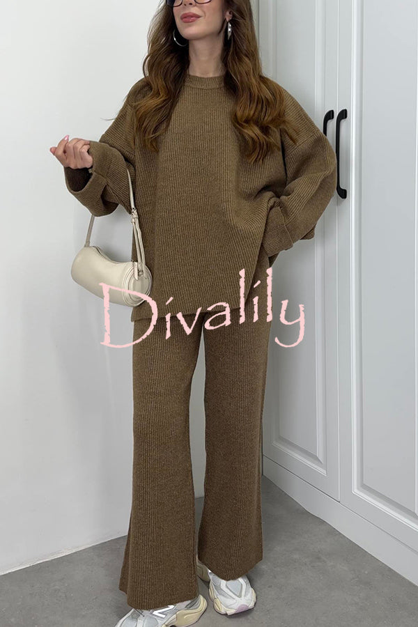 Solid Color Loose Long-sleeved Knit Top and Elastic Waist Casual Straight Leg Pants Set