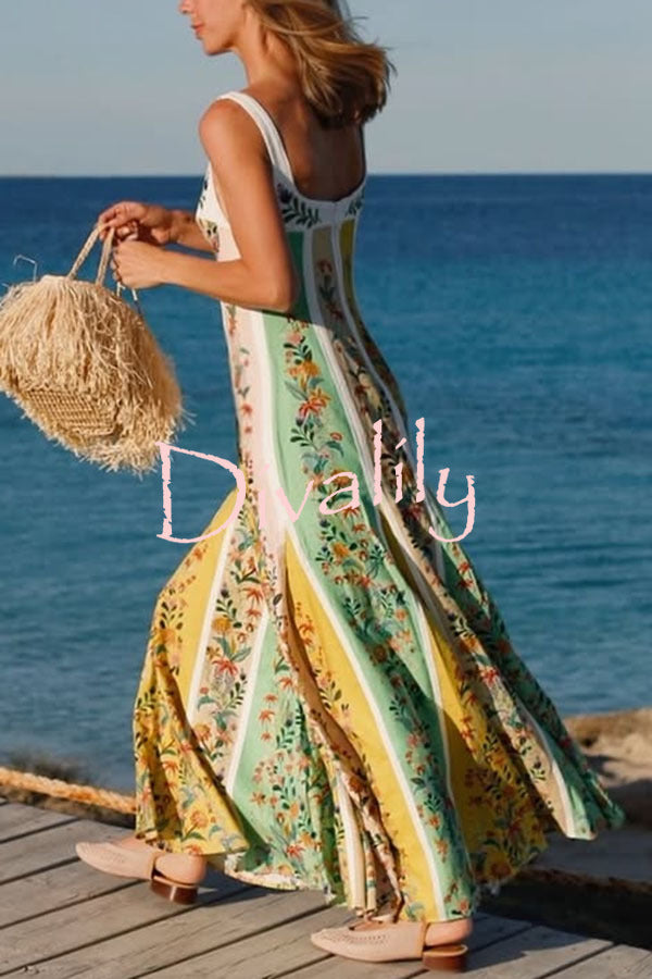 Sweet Garden Linen Blend Color Block Floral Paneled Maxi Dress