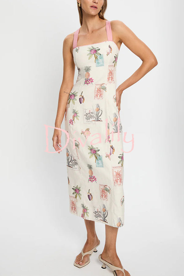 Plant Print Sleeveless Square Neck Open Back Tie Casual Midi Dress