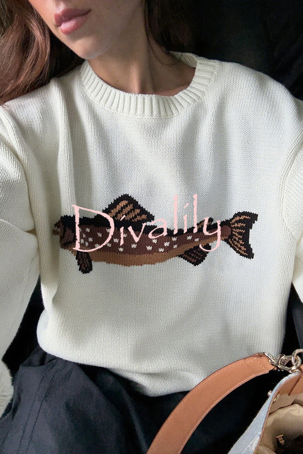 Fashionable Fish Pattern Round Neck Loose Knitted Sweater