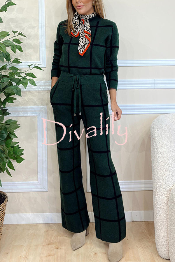 Fashionable Plaid Turtleneck Long Sleeve Top and Elastic Waist Tie Pocket Pants Set