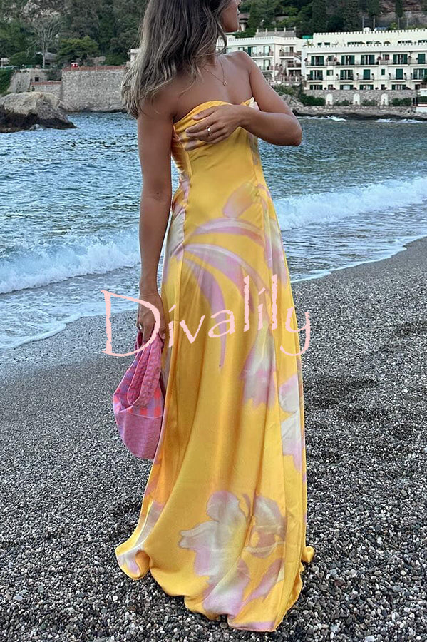 Catalina Island Satin Floral Print Twist Bust Halter Maxi Dress