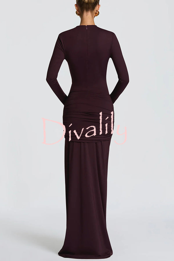 Sexy Cutout Fitted Long-sleeved Pleated Satin Ribbon Maxi Dresses
