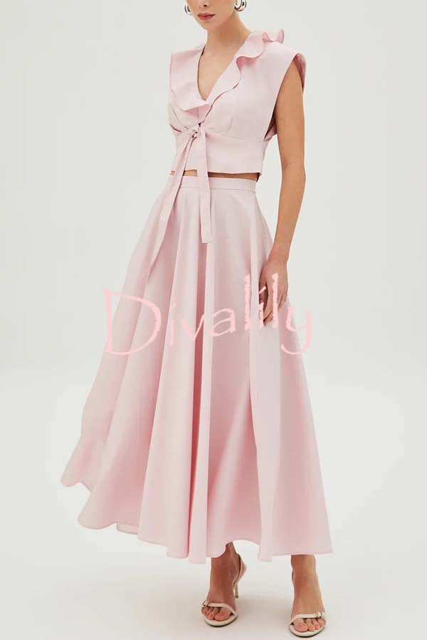 Haylee Linen Blend Ruffle Neck Tie-up Crop Top and High Rise Umbrella Maxi Skirt Set