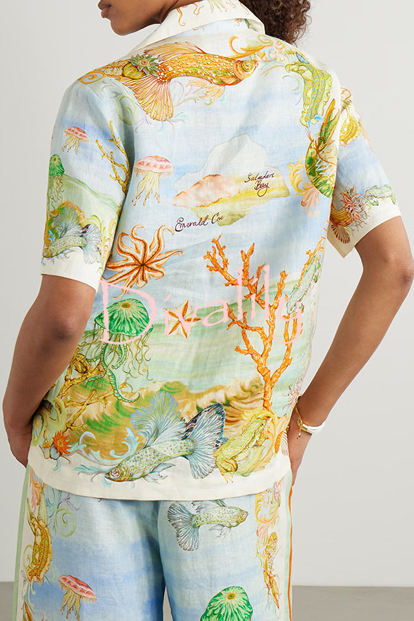 Unique Printed Lapel Short Sleeve Loose Shirt and Elastic Waist Casual Pocket Vacation Pants Set