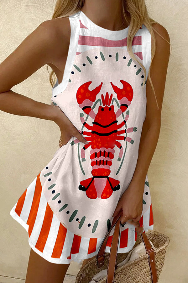 Watercolor Lobster Print Sleeveless Resort Mini Dress