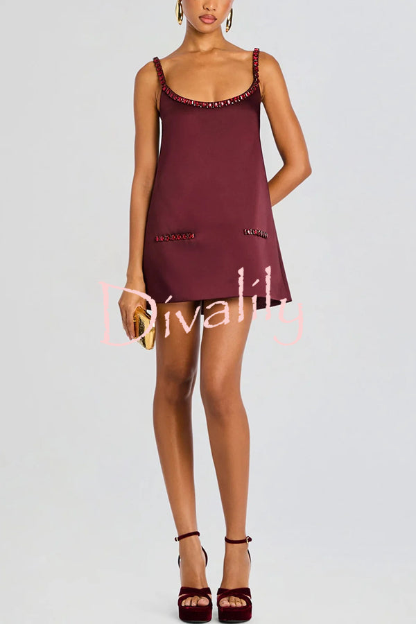 Taste Red Wine Satin Gemstone Trim Round Neck Slip H-line Mini Dress
