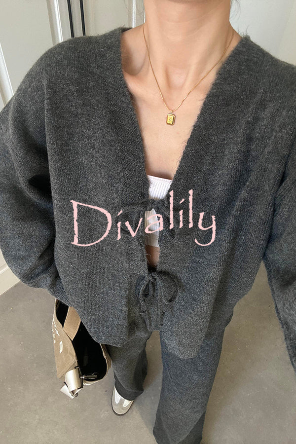 Solid Color V-neck Tie Long-sleeved Loose Knit Cardigan and Elastic Waist Casual Straight Leg Pants Set