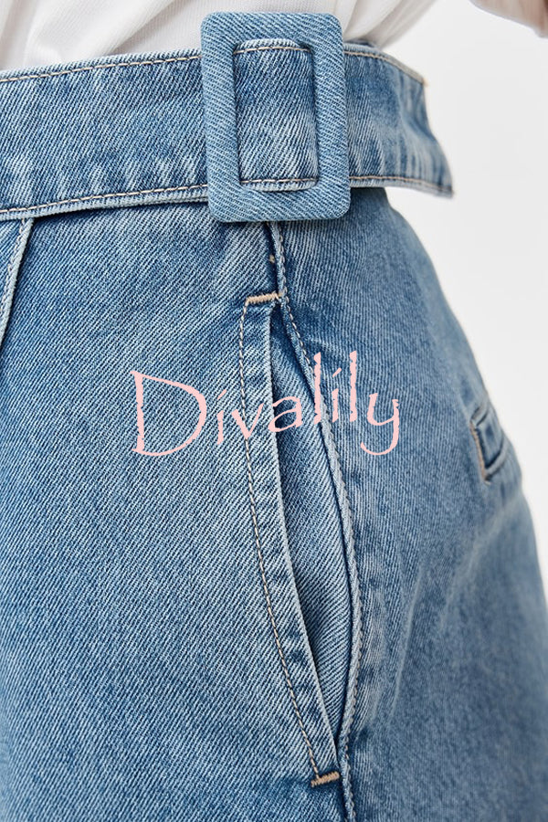 Fall for That Denim Faux Wrap Buckle Tie Pocketed Mini Shorts