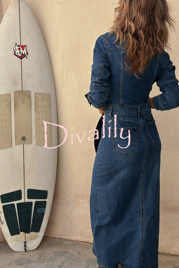 Tessy Denim Metal Button Zipper Shirt Stretch Pencil Slit Midi Dress