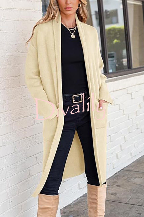 Solid Color Long-sleeved Casual Loose Pocket Mid-length Cardigan