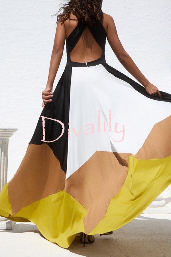 Fashion Colorblock Sexy Backless Tie Waist Full Hem Maxi Dress