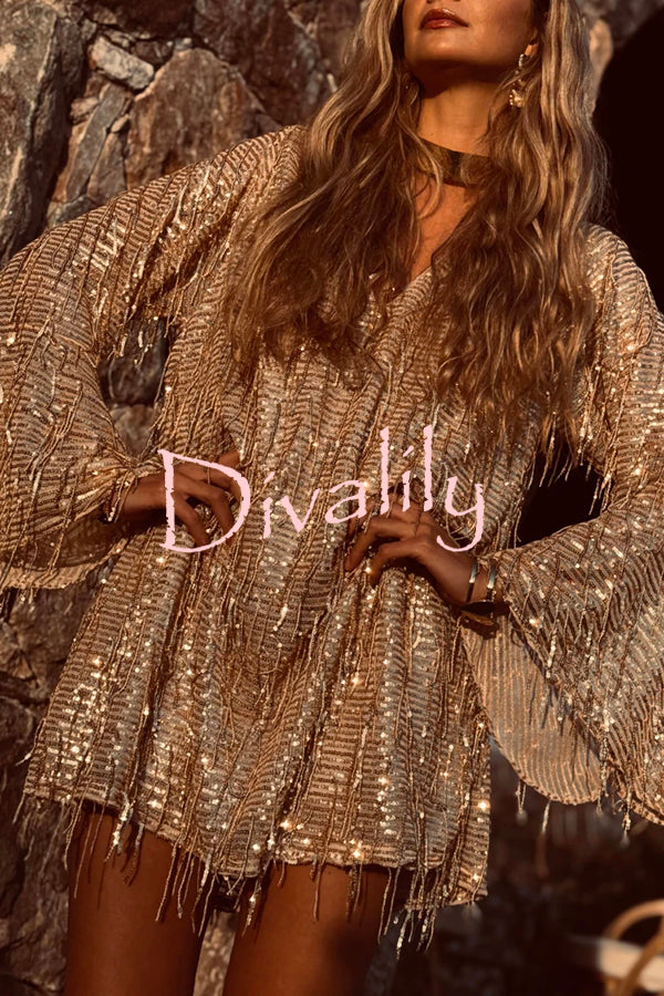 Flowing Shimmer Sequin Tassel Fabric Bell Sleeve Back Tie-up Loose Mini Dress
