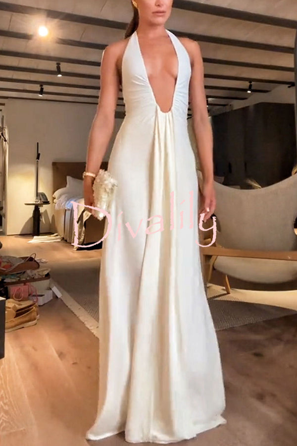 Sexy Silhouette Deep U-neck Halter Waterfall Sash Drape Maxi Dress