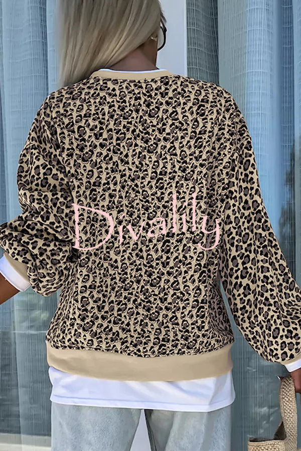 Leopard Print Crew Neck Patchwork Long sleeve Casual Loose Sweatshirt