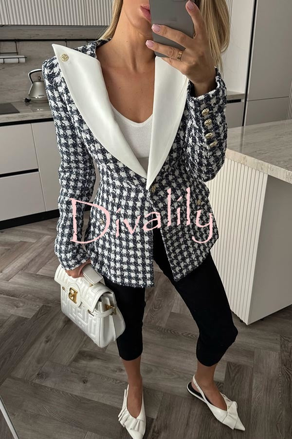 Sensibly Chic Houndstooth Tweed Fabric Long Sleeve Lapel Blazer