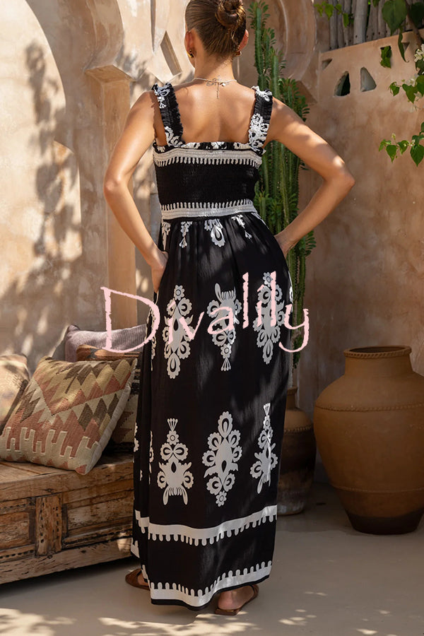 National Boho Style Unique Print Smocked Bust Wide Strap Pocket Maxi Dress