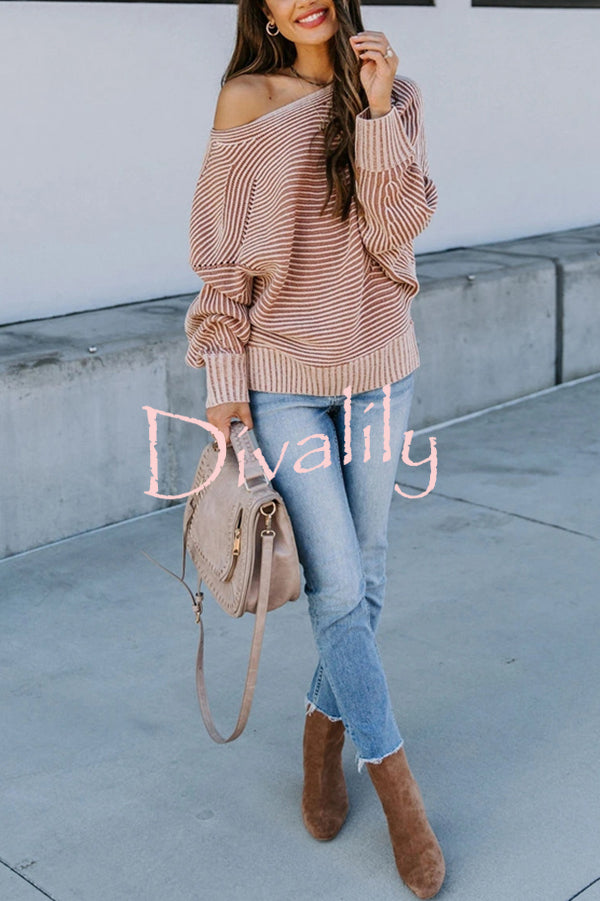 Knitted Striped Round Neck Dolman Sleeve Casual Loose Sweater