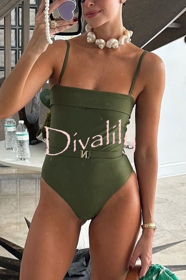 Solid Color Suspender Buckle Waist Elastic Swimsuit