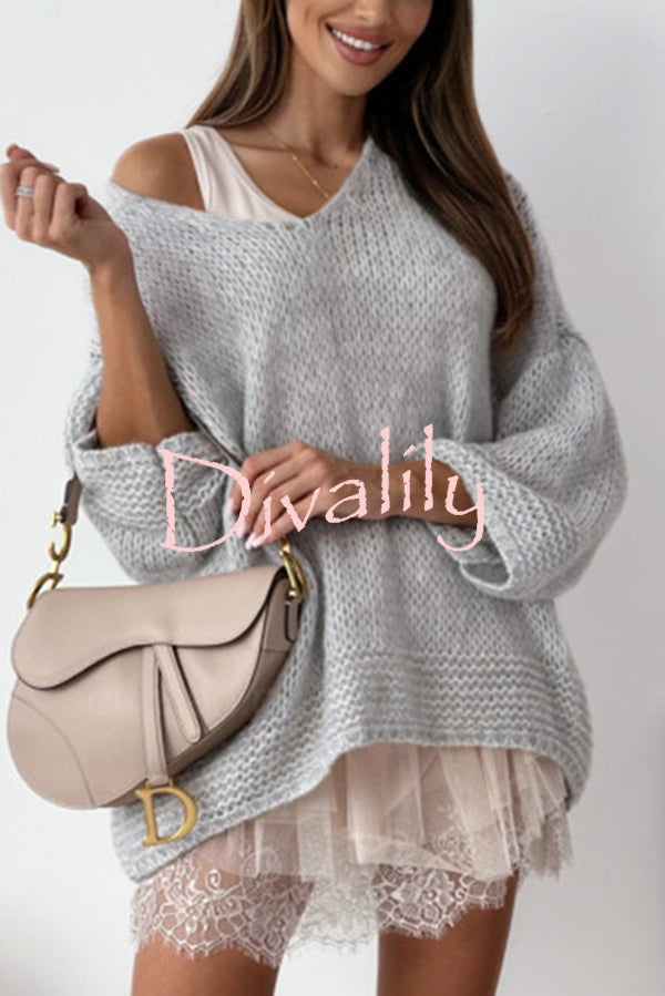 Solid Color Loose V-neck Casual Knitted Sweater