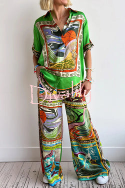 Unique Printed Lapel Short-sleeved Loose Shirt and Elastic Waist Tie Wide-leg Pants Set