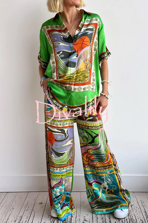 Unique Printed Lapel Short-sleeved Loose Shirt and Elastic Waist Tie Wide-leg Pants Set