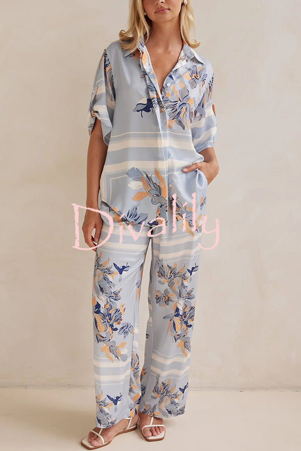 Fashionable Plant Print Loose Lapel Short Sleeve Shirt and Casual Elastic Waist Pocket Pants Set