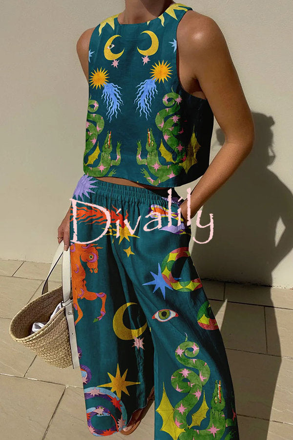 Island Dreaming Linen Blend Unique Print Tank and Elastic Waist Pocketed Pants Set