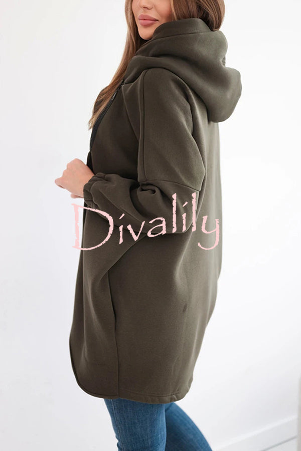 Solid Color Loose Hooded Zip-up Casual Sports Jacket