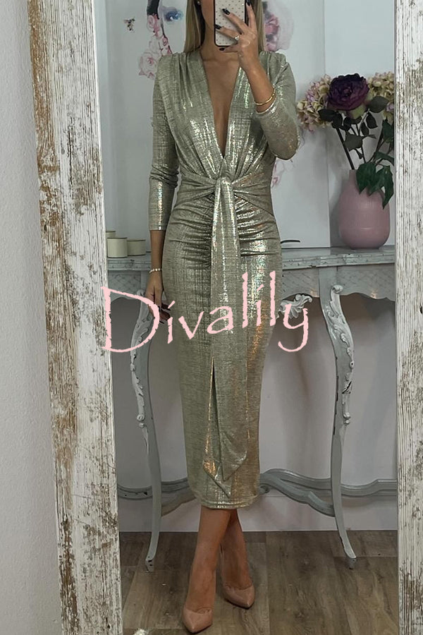 Shiny Lady Metallic Fabric Padded Long Sleeve Tie-up Ruched Midi Dress