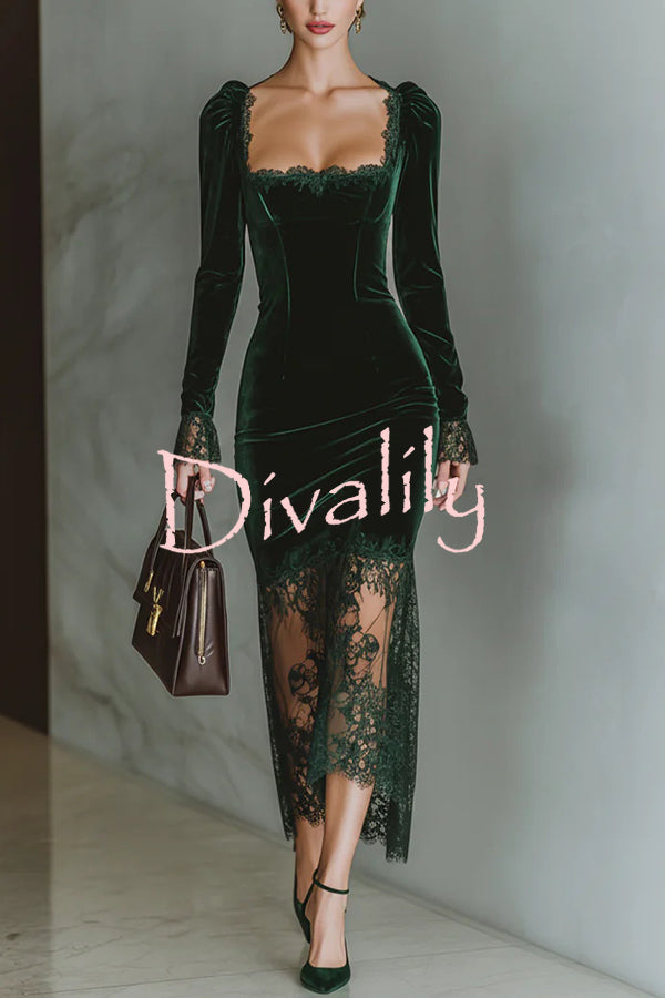 Fashionable Velvet and Lace Patchwork Square Neck Long-sleeved Maxi Dress