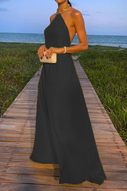 Sunny in Santorini Metal Chain Halter Backless A-line Vacation Maxi Dress