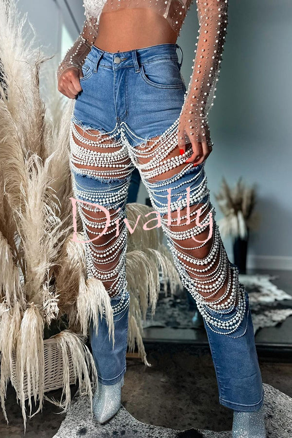 Stylish Multi-layered Pearl Chain Ripped Pocket Straight Jeans