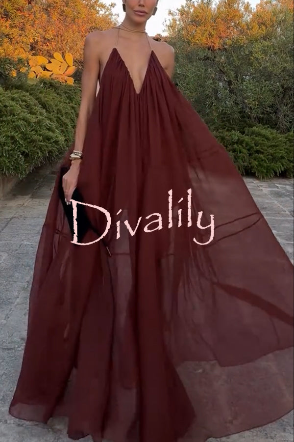 Flowing Lightweight Chiffon Chain Halter Neck Detail Backless A-line Maxi Dress