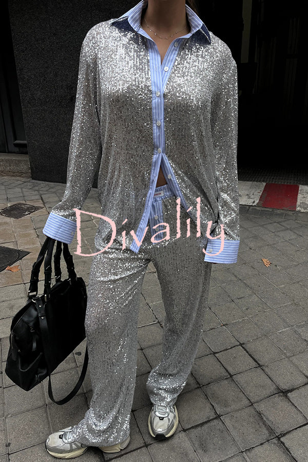 Fashion Sequined Loose Long-sleeved Shirt and Casual Elastic Waist Wide-leg Pants Set