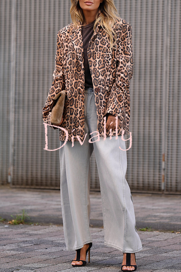 Catwalk Leopard Single Button Long Sleeve Pocketed Lapel Boyfriend Blazer