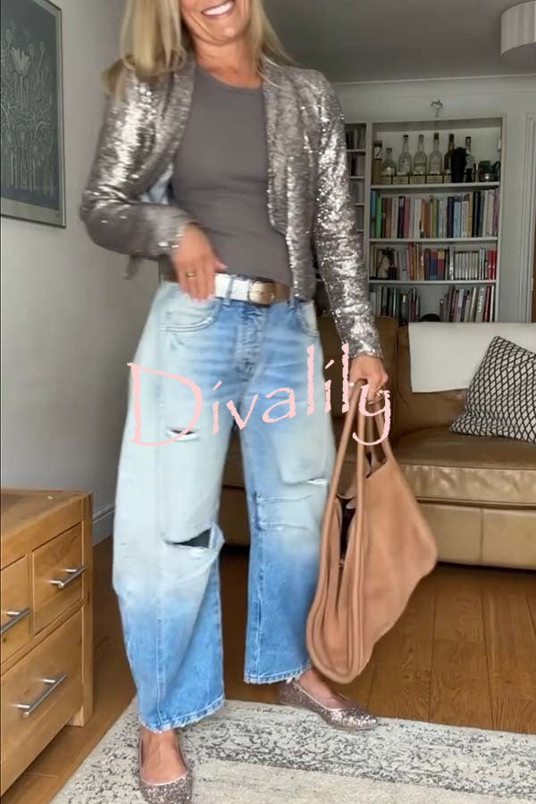 A Shining Day Sequin Long Sleeve Cropped Lapel Jacket