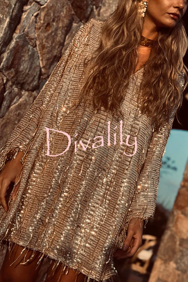 Flowing Shimmer Sequin Tassel Fabric Bell Sleeve Back Tie-up Loose Mini Dress