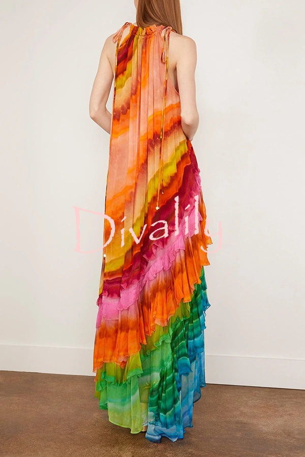 Rosha Georgette Crepe Tie-dye Print Layered Ruffles A-line Maxi Dress