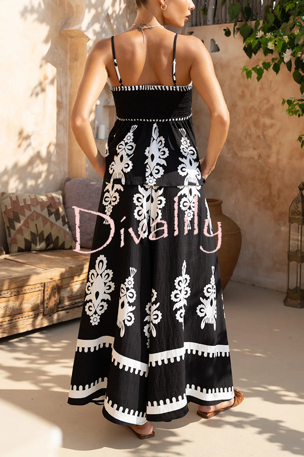 Unique Ethnic Print Suspender Pleated Top and Elastic Waist Loose Wide-leg Pants Set