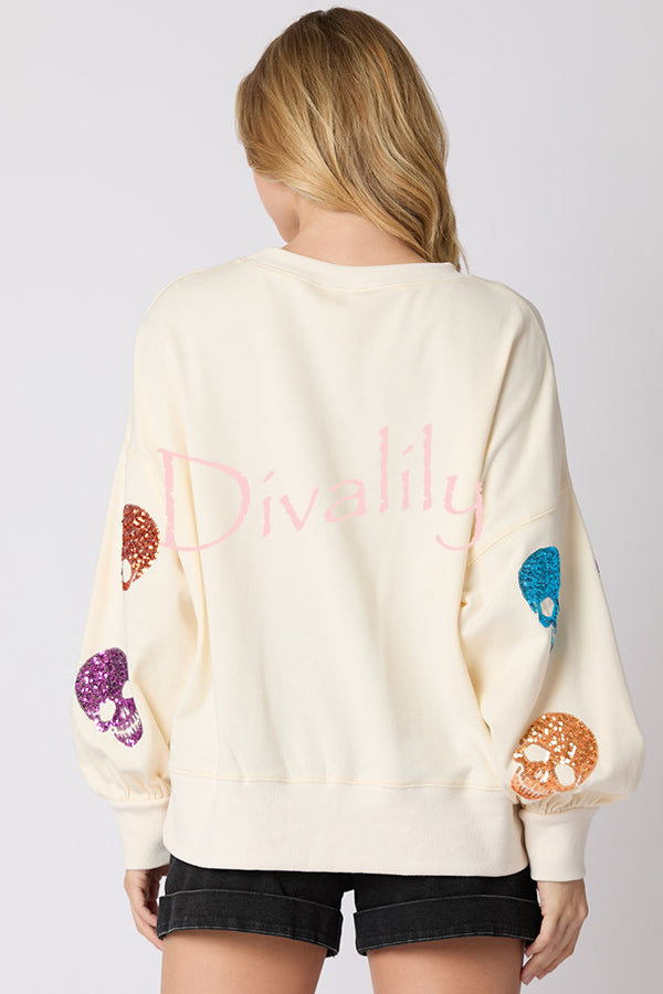 Halloween Skull Sequin Loose Casual Sweatshirt