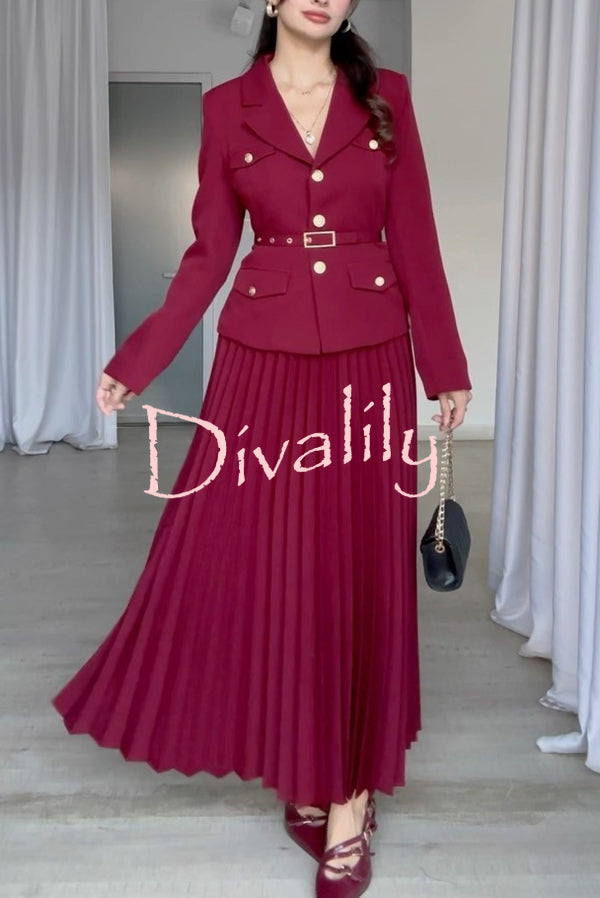 Solid Color Lapel Button Belt Blazer and Pleated Casual Maxi Skirt Set