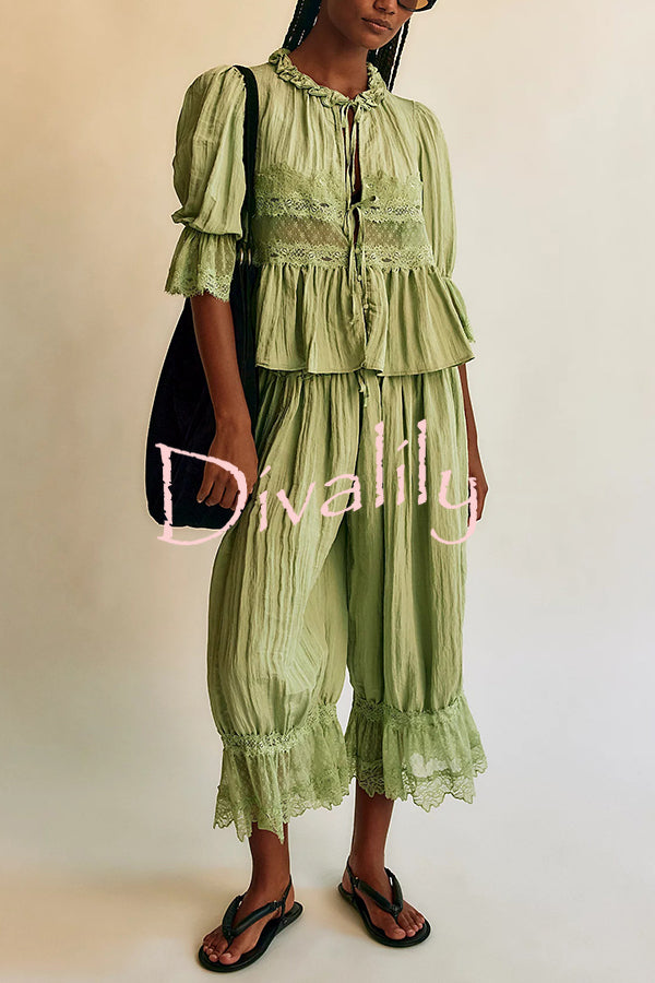 Pastoral Style Elastic Waist Lace Hem Bloomer Pants