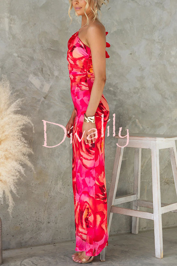 Floral Print Sleeveless 3D Flower One Shoulder Slim Maxi Dress
