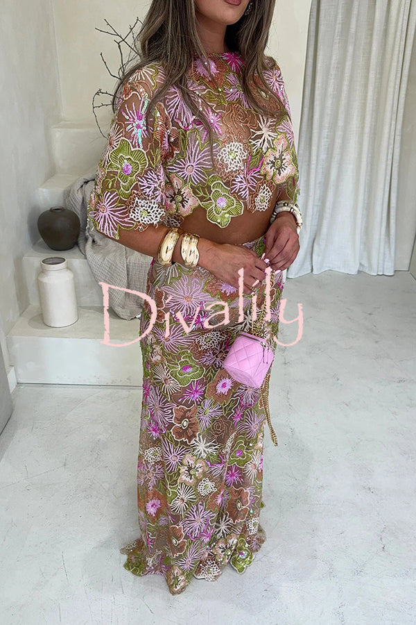 Fashionable Embroidered Flower Sequined Crop Top and Elegant Sheer Maxi Skirt Set