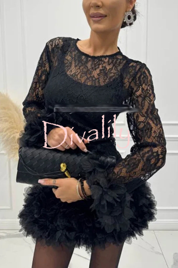 Alyssa Lace Fabric Tulle Layered Petals Trim Long Sleeve Mini Dress